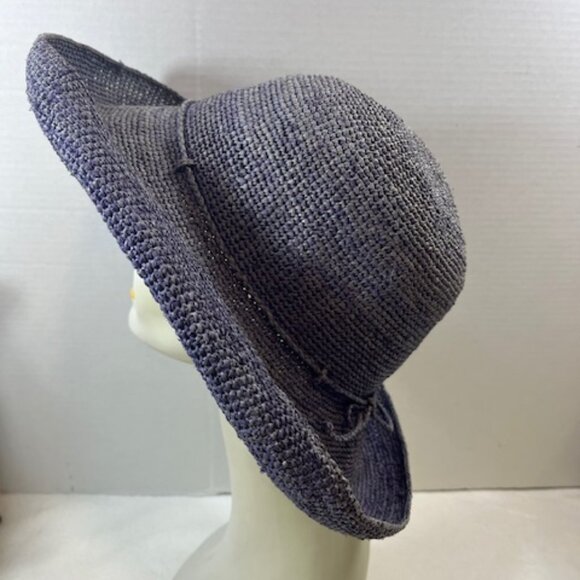 Handmade Chambray Purple Straw Natural Raffia Sun Hat Lightweight Madagascar - Picture 2 of 11